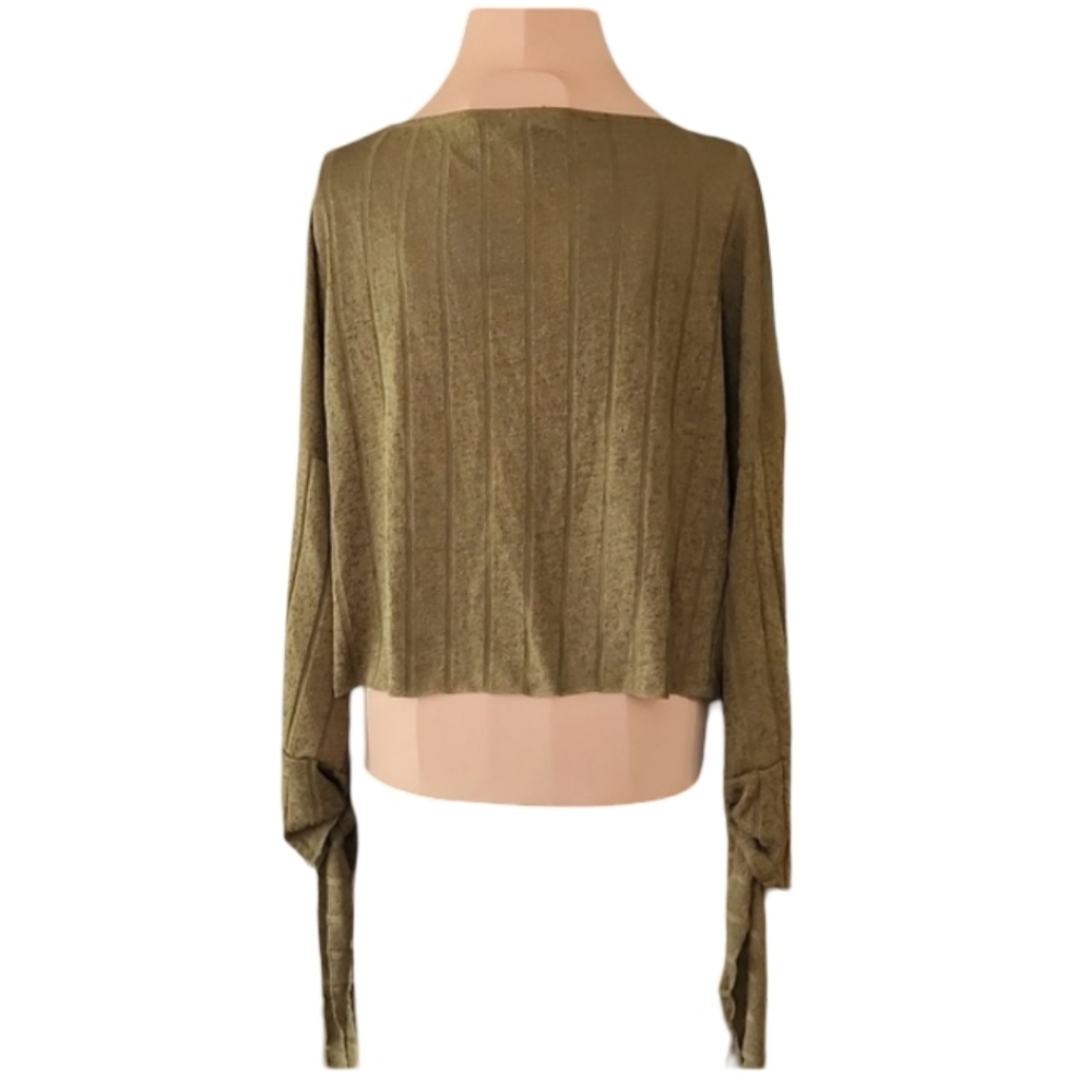Zara Olive Green Ribbed Knit Cropped Boho Top with Tie Sleeves Women's Small - Picture 2 of 7